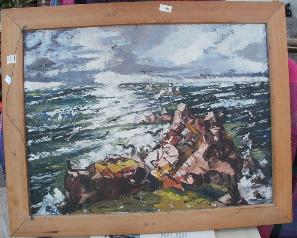 Peinture 2 faces : enfants en for&ecirc;t et temp&ecirc;te en mer Décoration