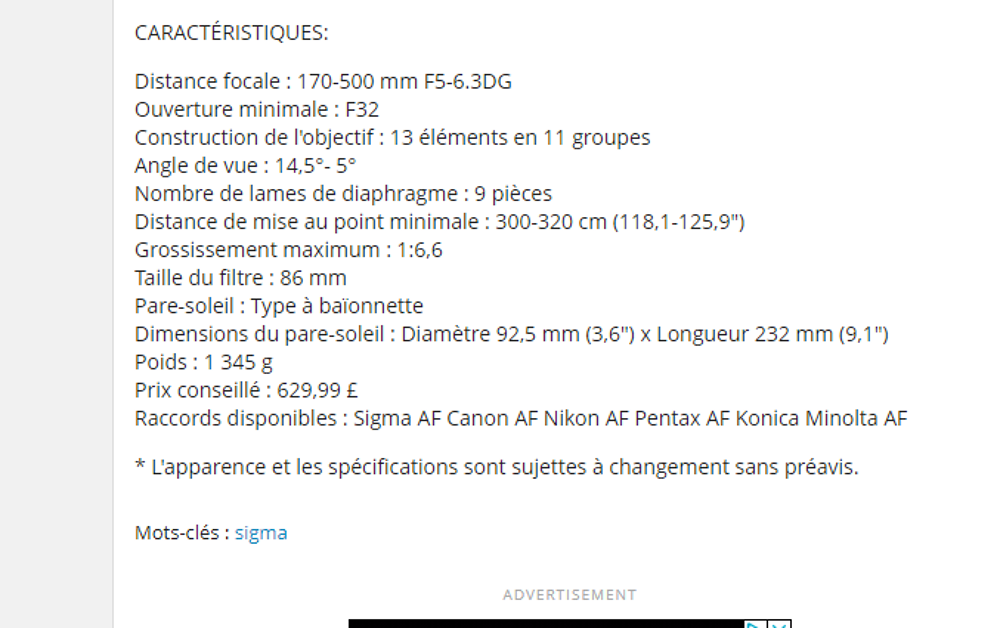 teleobjectif sigma , 170x500 Photos/Video/TV