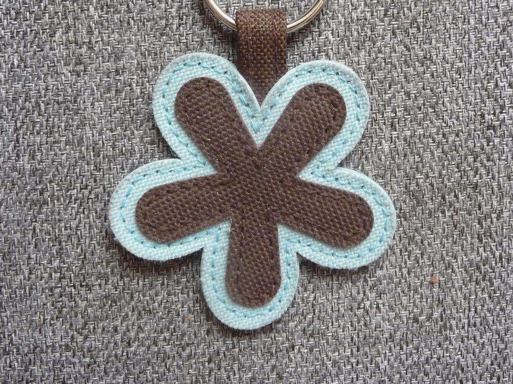 Porte Cl&eacute;s en Tissu Marron et Bleu Turquoise avec son Anneau Bijoux et montres