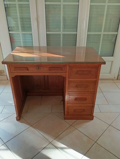 bureau chêne massif vernis 5 tiroirs dessus verre biseauté 60 Saint-Dizier (52)