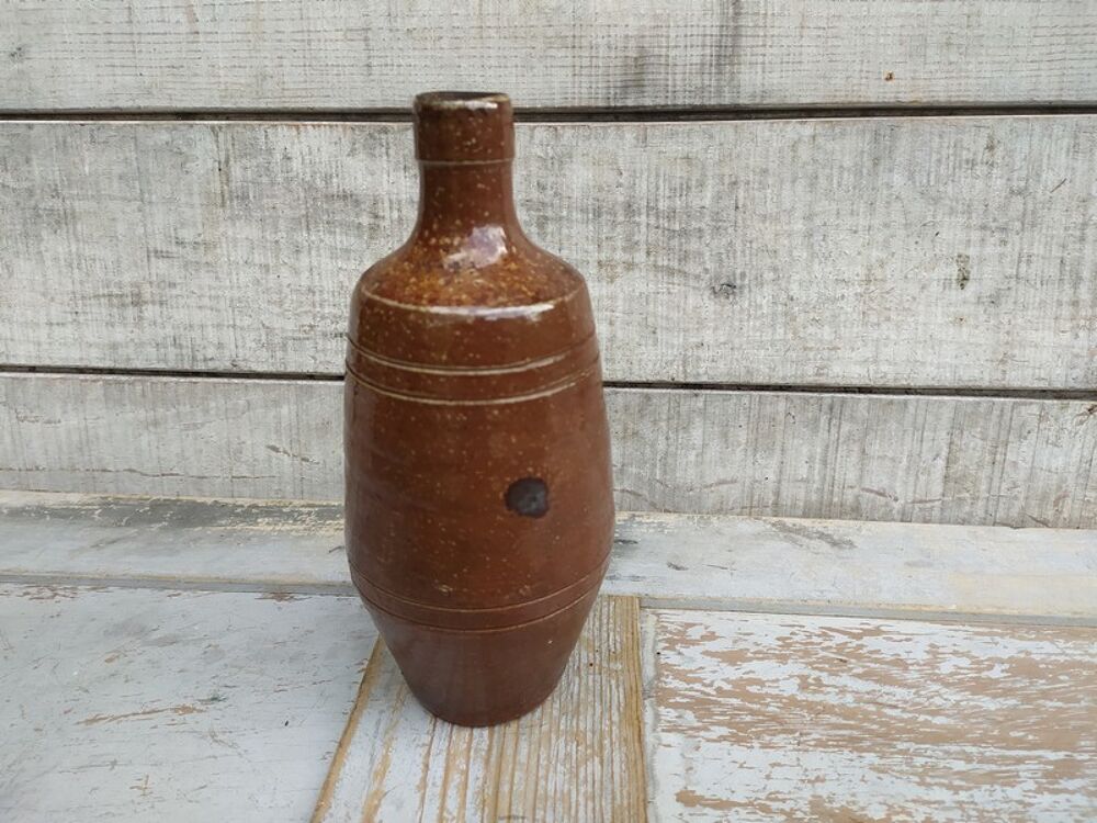 Ancienne Bouteille &Eacute;vas&eacute;e Vase Gr&egrave;s Brun Décoration