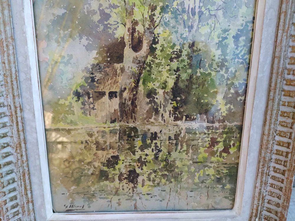 Tableau Aquarelle Paysage Bord de S&egrave;vres Sign&eacute; 