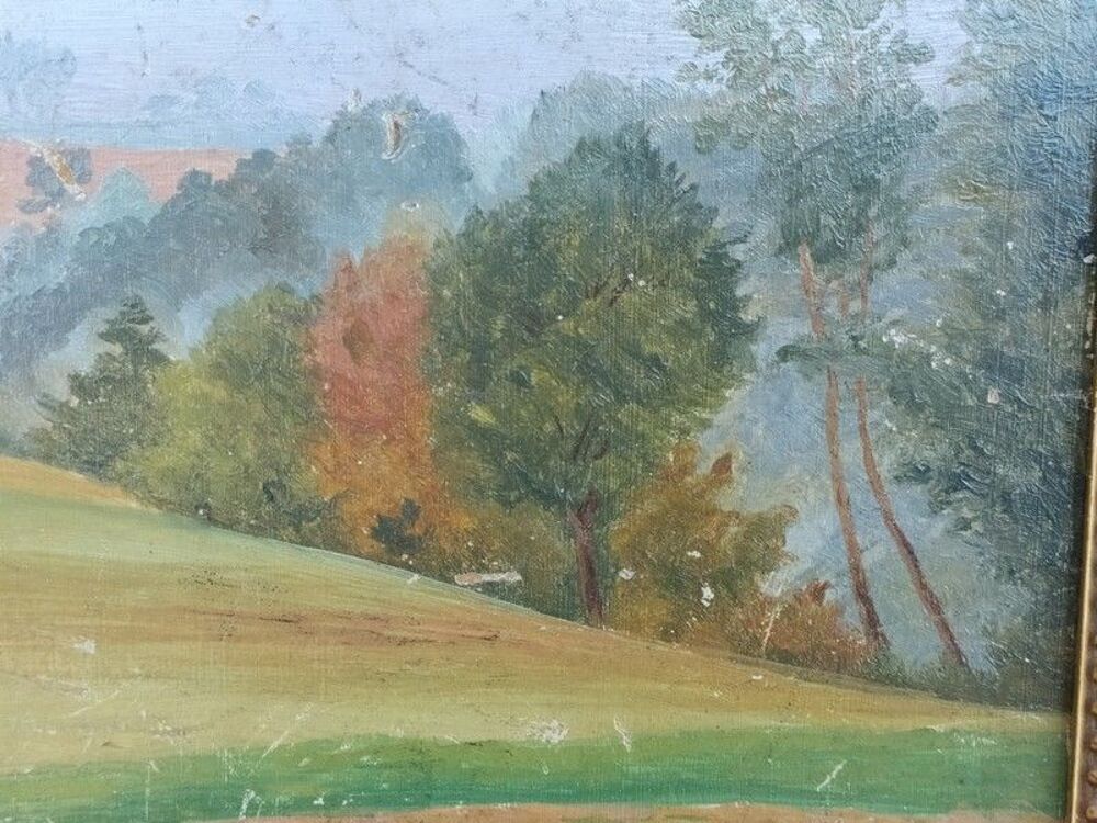 Petit Tableau Paysage de Campagne Vue sur Clocher 
