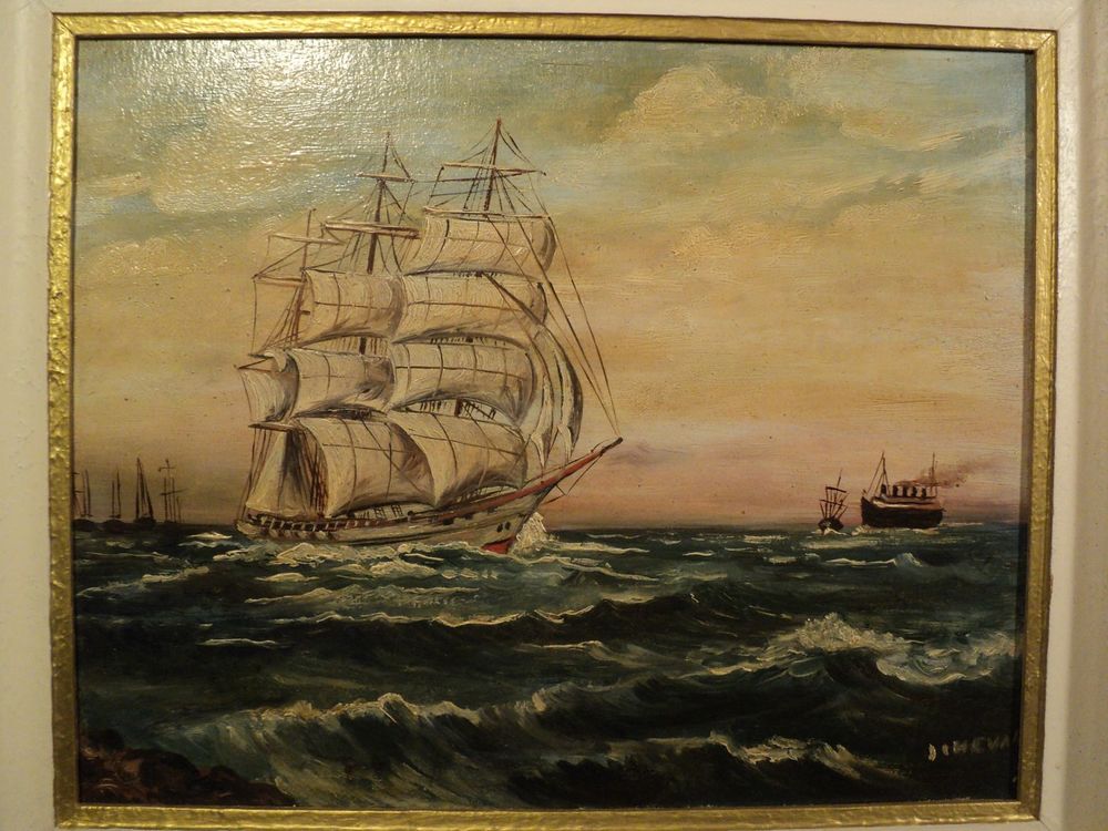 Ancien Tableau Peinture Marine Bateaux Voilier
