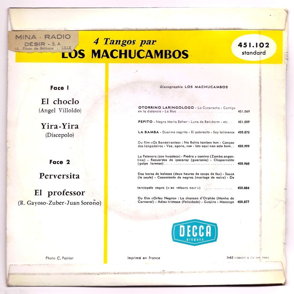 LOS MACHUCAMBOS - 45t EP - 4 TANGOS - EL CHOCLO - BIEM 1962 CD et vinyles