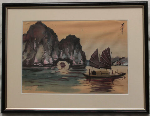 INDOCHINE VIETNAM PEINTURE sur SOIE P�CHEUR BATEAUX MER 1950 40 Nice (06)