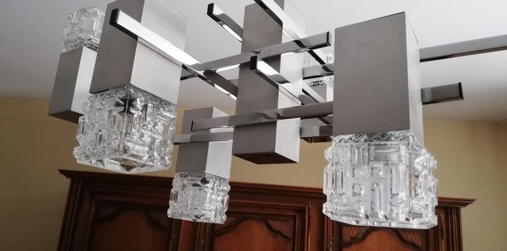 Lustre vintage inox, style Gaetano Sciolari, Décoration