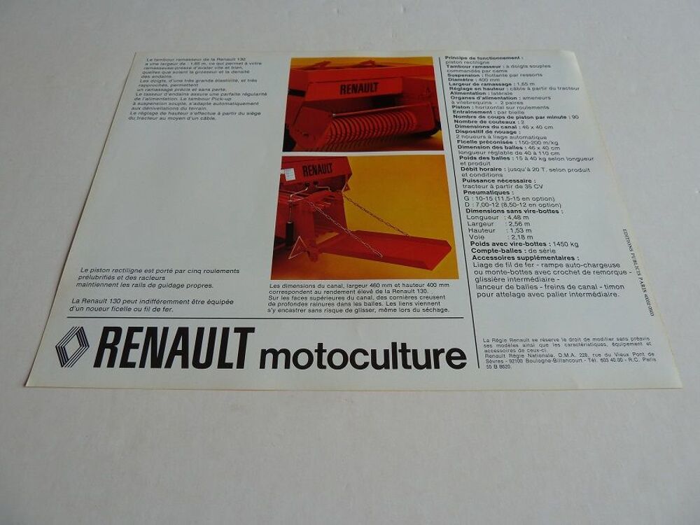 Prospectus presse ramasseuse RENAULT 130 