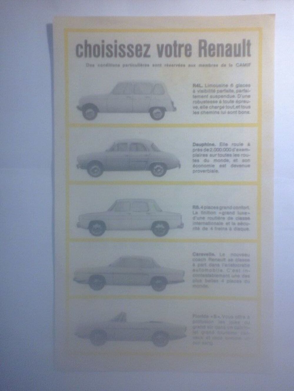 Prospectus Renault 8 Choix R4L Dauphine Caravelle Floride S 