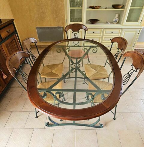 Table Ovale + chaises Merisier Verre Fer Forg� Etat Neuf 300 Bergerac (24)