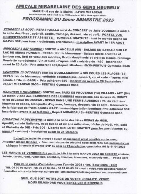 PROGRAMME DE NOTRE ASSOCIATION 2ème SEMESTRE 2025 0 84120 Pertuis