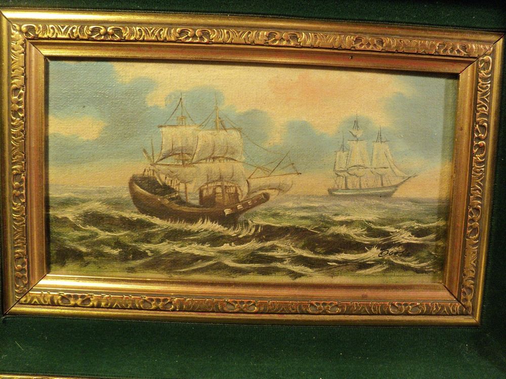 Tableau Ancien Marine Navires Voiliers Sign&eacute;e XX&egrave;me. 