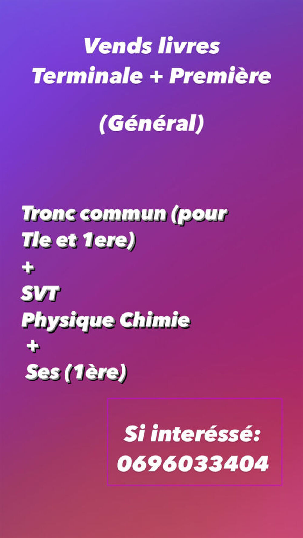 Vends livre Terminale et 1&egrave;re G&eacute;n&eacute;rale + Sp&eacute; SVT PC SES Livres et BD