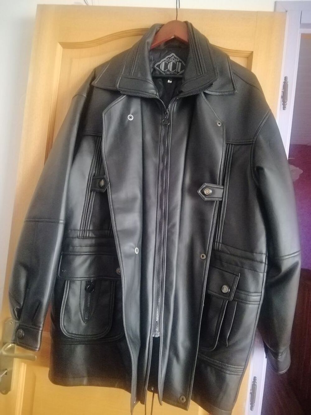 Manteau 3/4 noir simili cuir taille XL Vtements