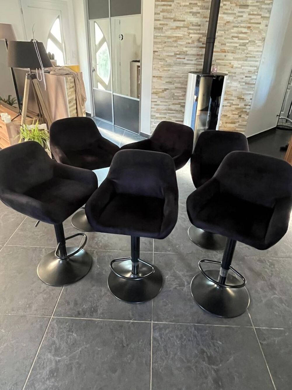 6 tabourets r&eacute;glables velours, noir Meubles