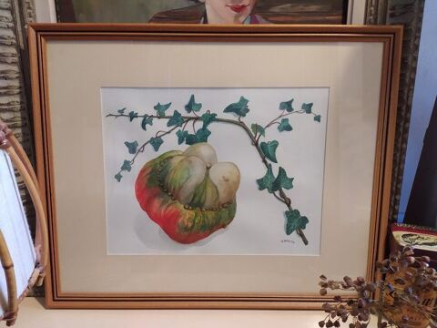 Tableau Aquarelle Potiron et Lierre Signe R. Brire. 1 Loches (37)