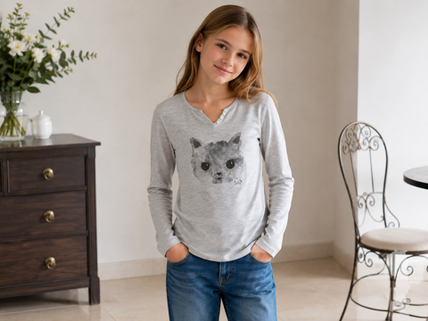 T-shirt Fille IKKS 12 ans collection Chat gris TBE Manches L Brienne-le-Château (10)