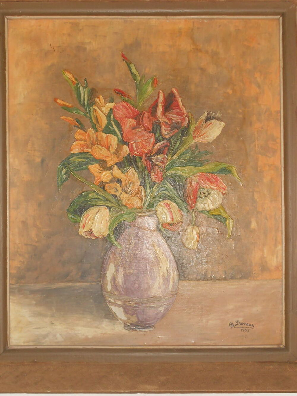 Tableau ancien CR Daroux 1957 - bouquet au vase violet Décoration