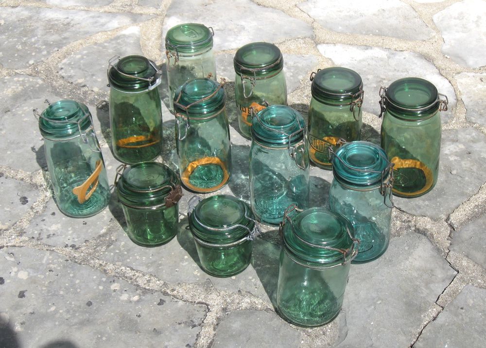 Lot de 12 Bocaux &agrave; conserves anciens de couleur verte Cuisine