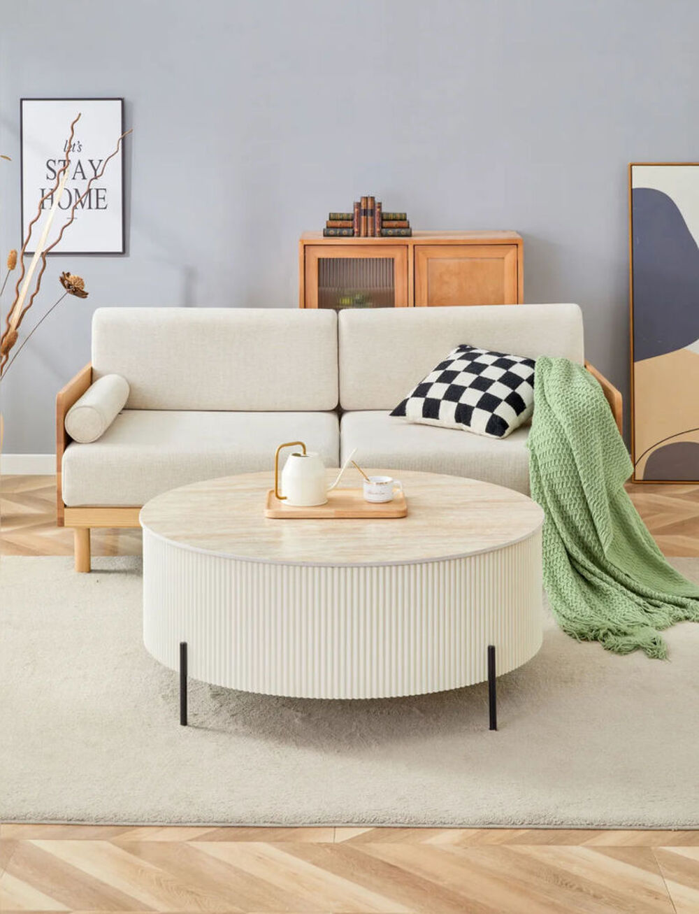 Table basse ronde €" Effet travertin mat et pied nervur&eacute; beige Meubles