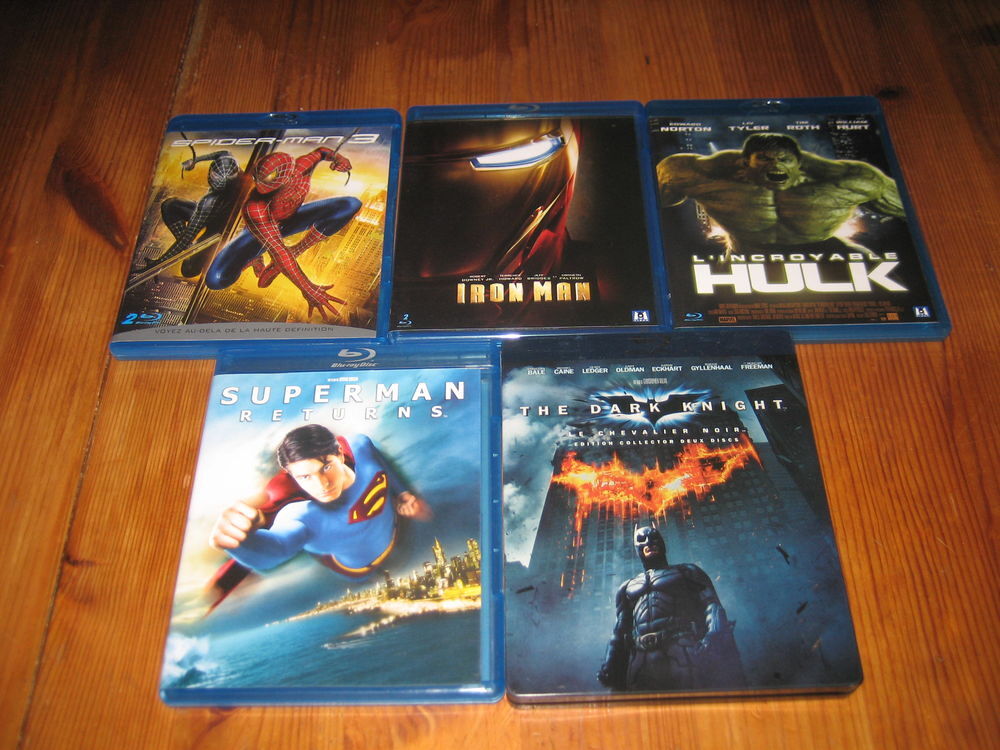 lot 5 blueray super-heros HULK IRON MAN SPIDERMAN 3 SUPERMAN RETURN BATMAN DARK KNIGHT DVD et blu-ray