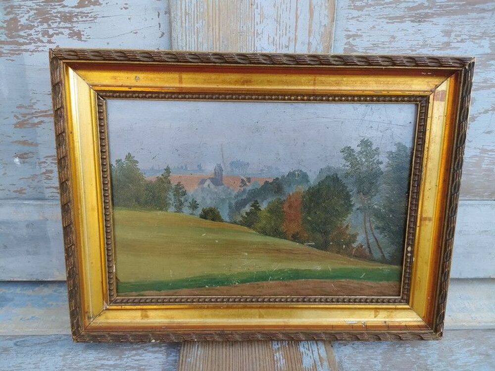 Petit Tableau Paysage de Campagne Vue sur Clocher 