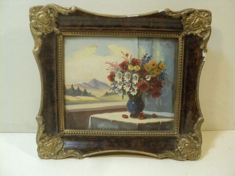 Ancien Petit Tableau Bouquet de Fleur Paysage de Montagne 60 Loches (37)