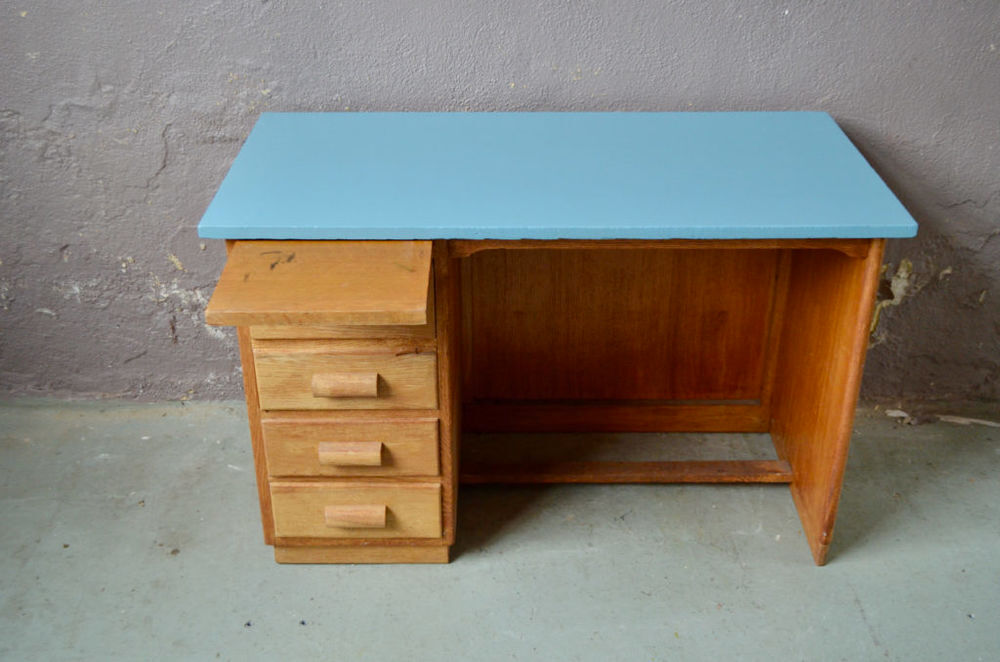 Bureau ancien en ch&ecirc;ne plateau relook&eacute; bleu style vintage Meubles