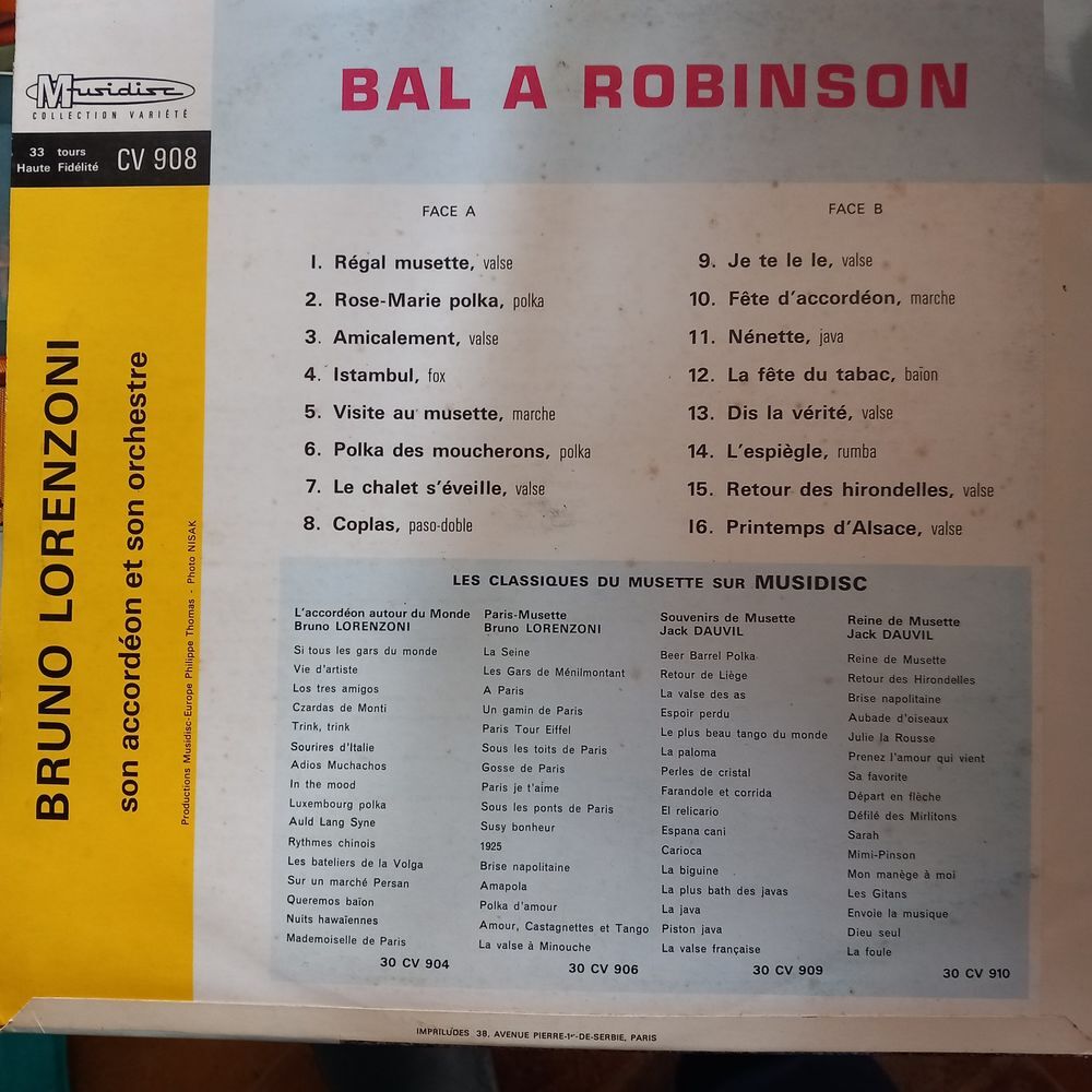 BRUNO LORENZONI SON ACCORDEON ET SON ORCHESTRE /DISQUE 33 T CD et vinyles