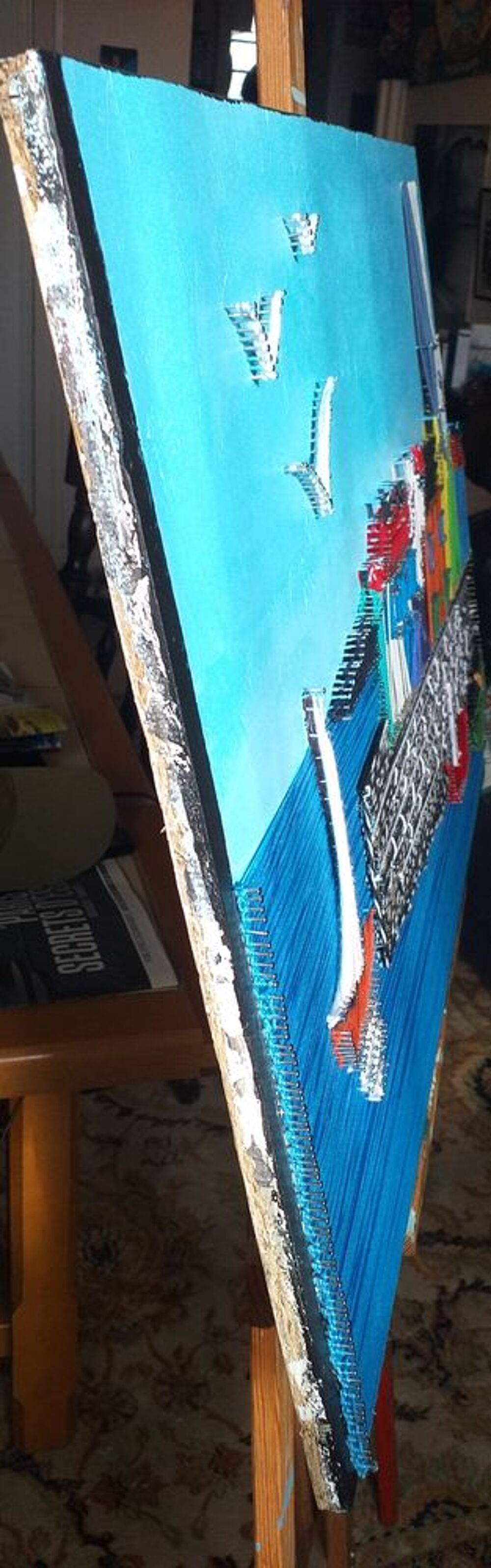 Tableau fil et clou , VILLAGE en bord de MER Décoration