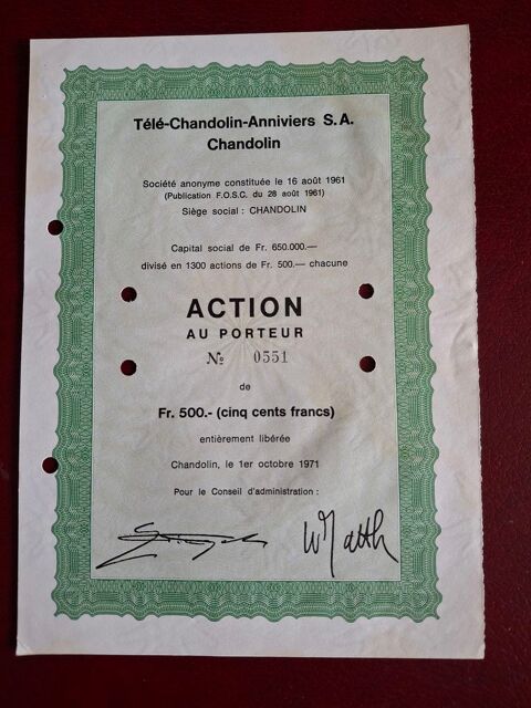 Trs rare action 500 francs suisses Tl - Chandolin - Anniv 79 Vichy (03)
