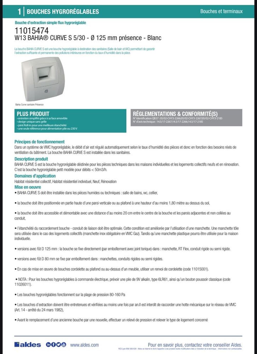 Bouche VMC hygror&eacute;glable ALDES Bahia Curve W13 ? WC Bricolage