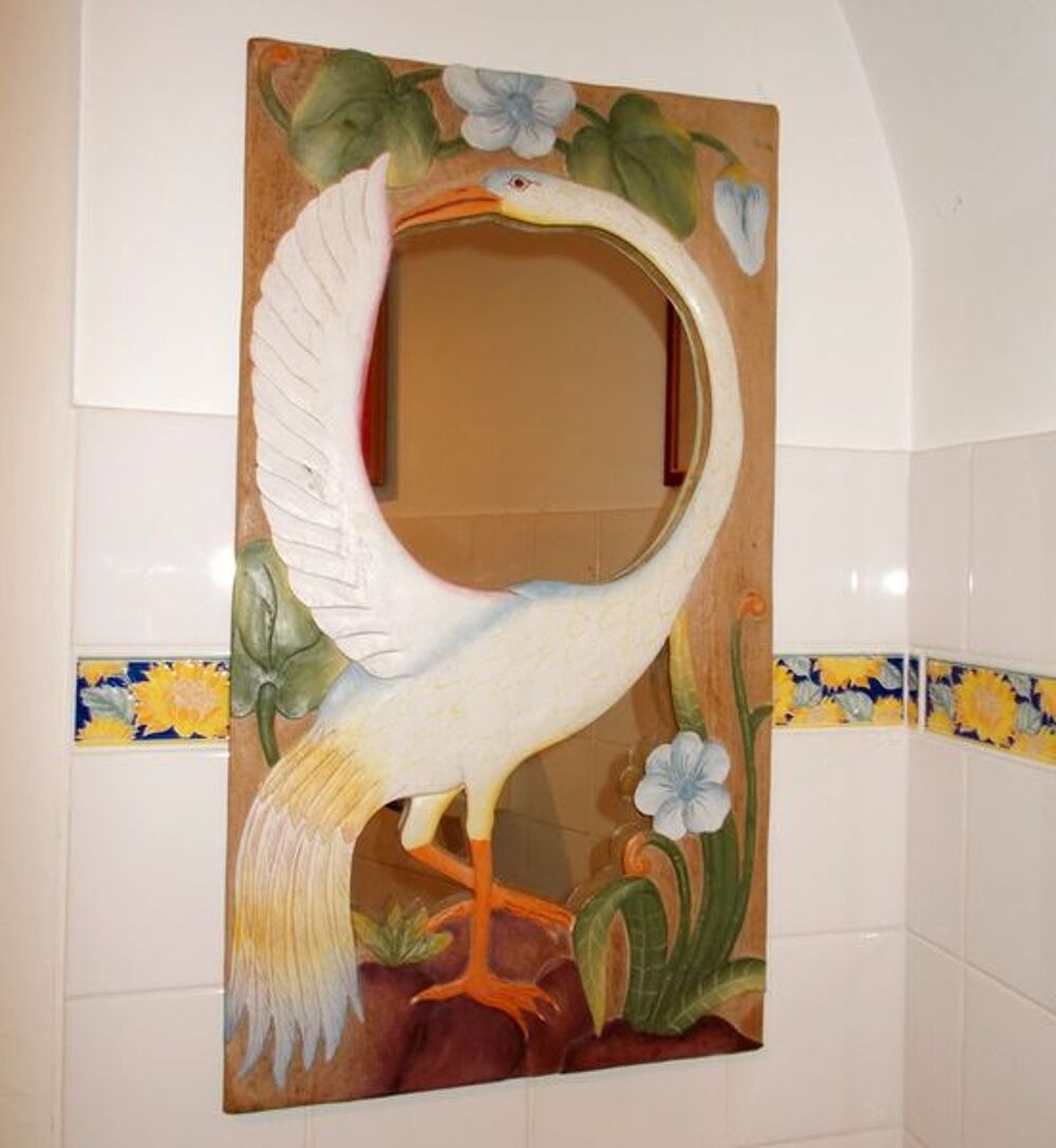 Glace miroir oiseau cigogne en bois sculpt&eacute; Dcoration