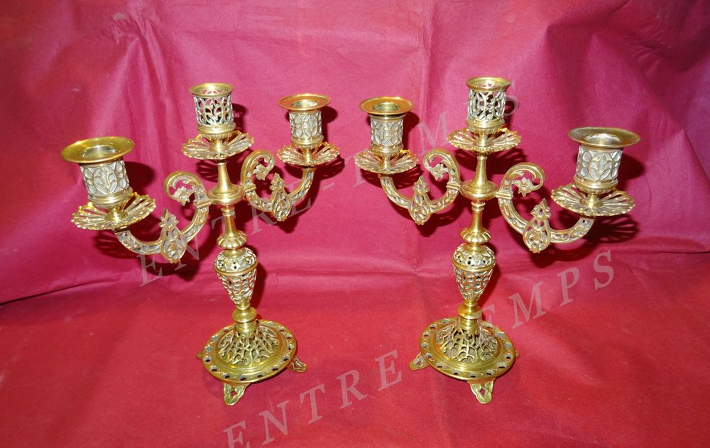 PAIRE TR&Egrave;S BEAUX CHANDELIERS CISEL&Eacute;S 3 FEUX LAITON BRONZE #2 Décoration