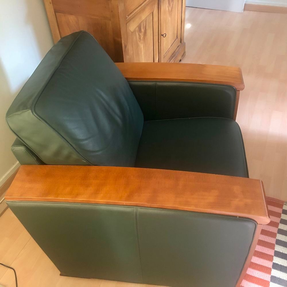 Fauteuil Bois merisier et cuir pleine fleur vert Meubles
