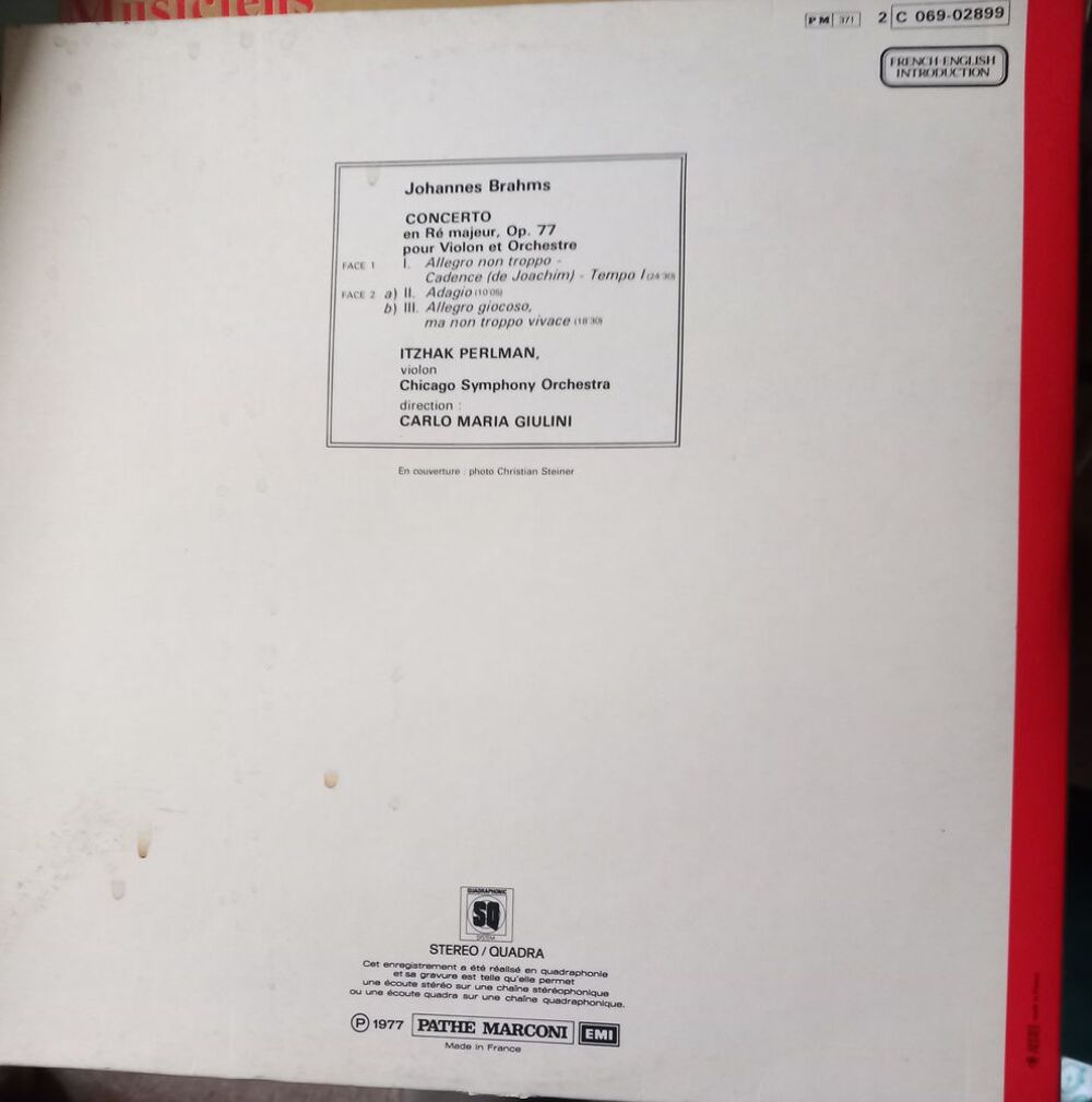 BRAHMS / CONCERTO POUR VIOLON / DISQUE VYNIL 33 TOURS CD et vinyles