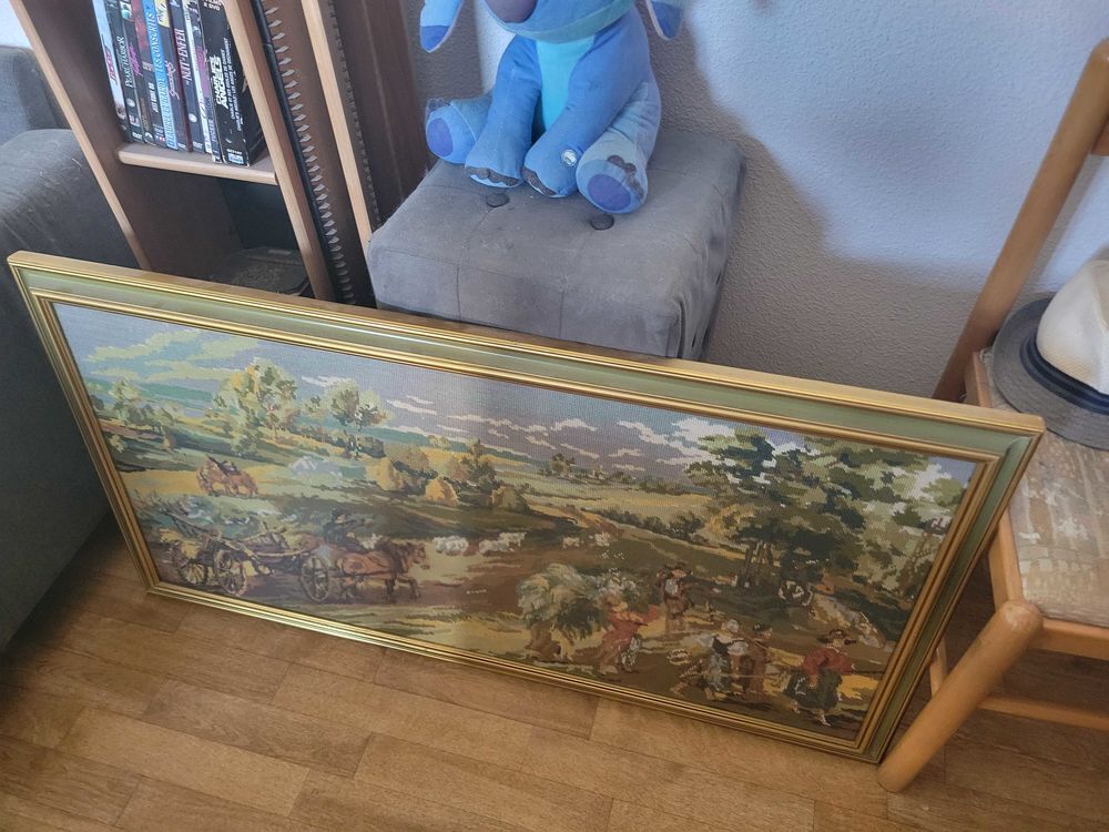 Tableau canevas brod&eacute; a la main de campagne occasion 113x58cm Décoration
