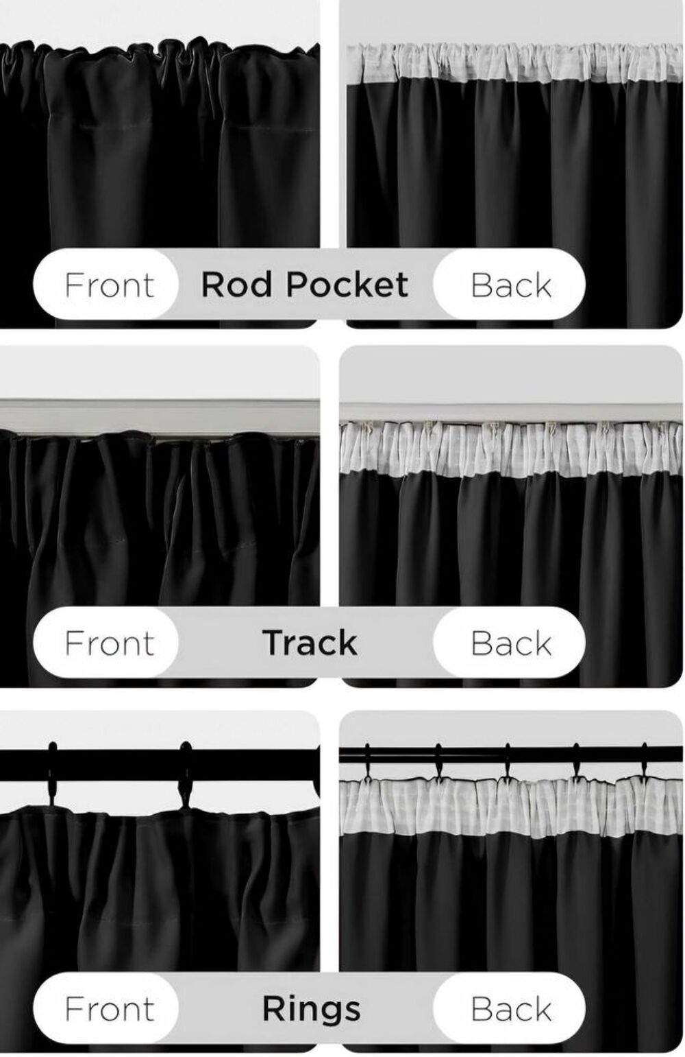Rideau Occultant Isolant Thermique Noir Galon Fronceur Anti Bruit Opaque Decoration pour Fenetre Salon Chambre 2 Pi&egrave;ces L132 x H245 cm Décoration