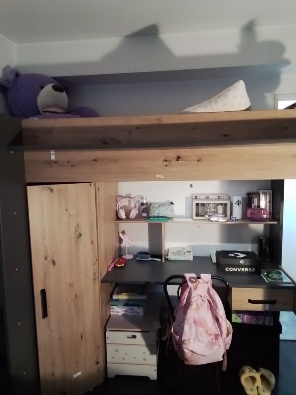 Lit combin&eacute; mezzanine enfant PARISOT HIGH - Ch&ecirc;ne et gris - Mobilier enfants