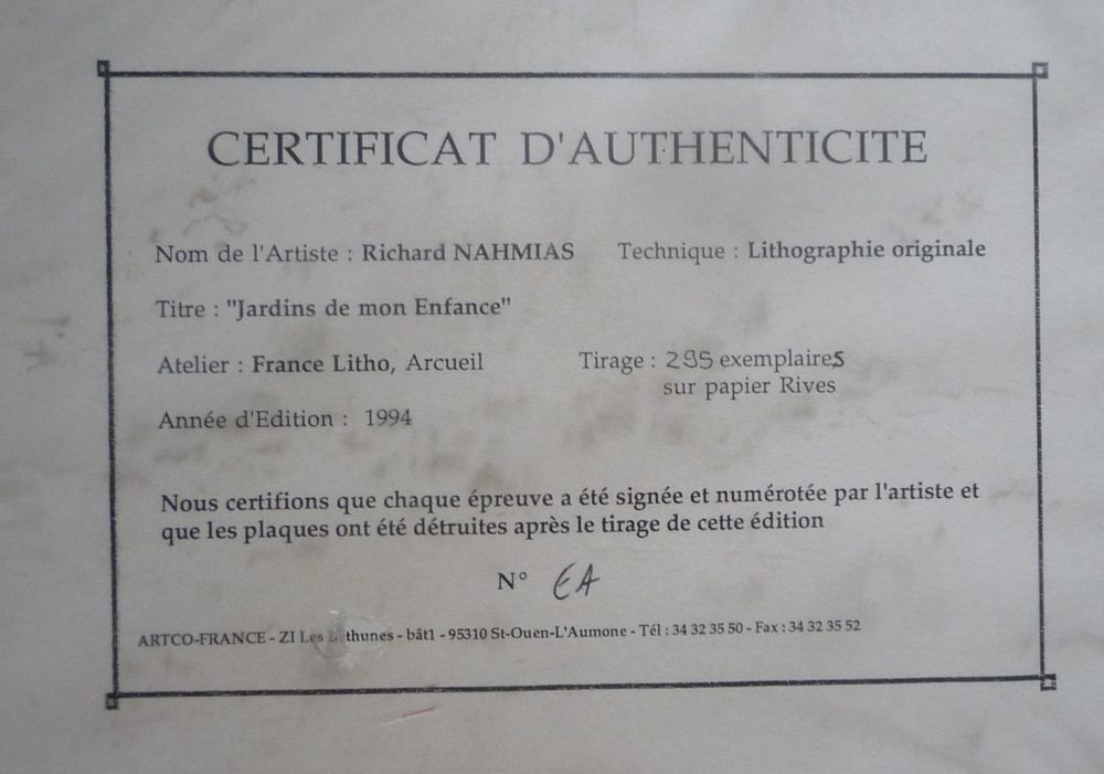 Lithographie Richard Nahmias avec certificat Dcoration