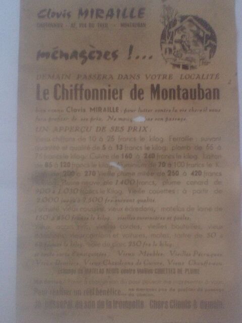 Rare Prospectus Clovis Miraille Le chiffonnier de Montauban 7 N�rac (47)