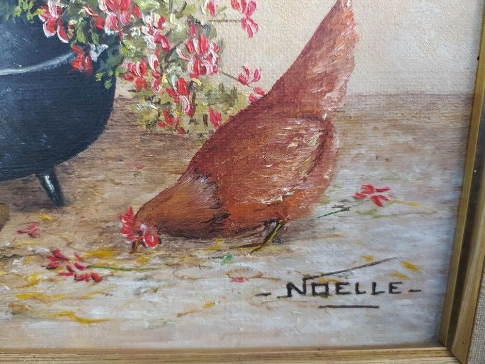 Tableau Poule et G&eacute;ranium D&eacute;co Campagne Style Ferme Décoration