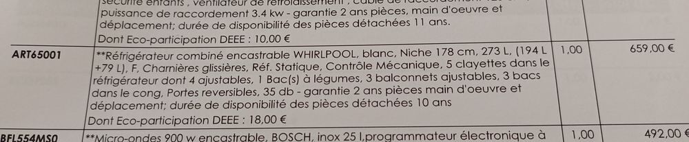 R&eacute;frig&eacute;rateur cong&eacute;lateur combin&eacute; encastrable Whirlpool Electroménager