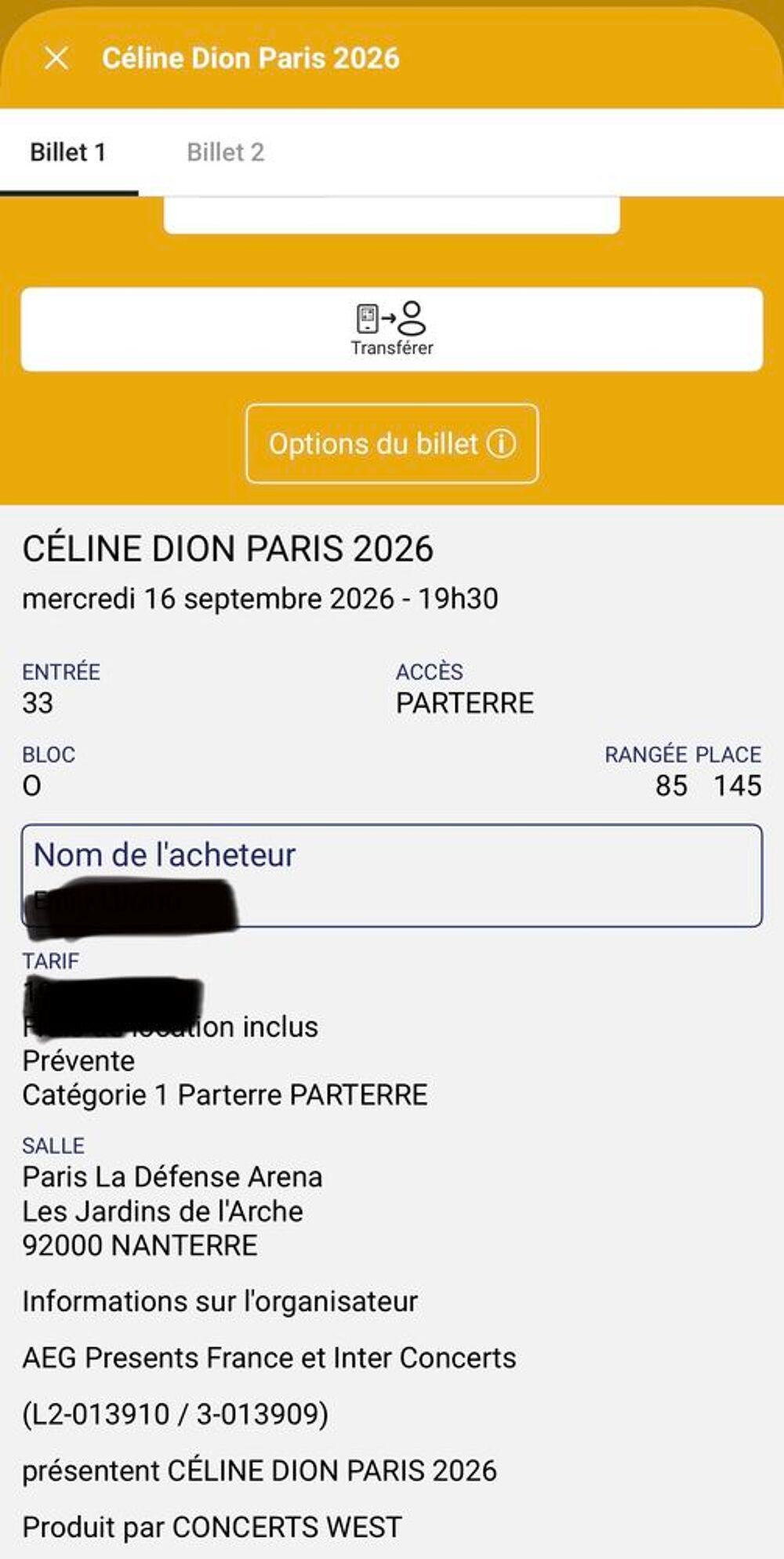 2 places C&eacute;line Dion Paris 16 septembre 26 ? Cat. 1 Parterre Billetterie