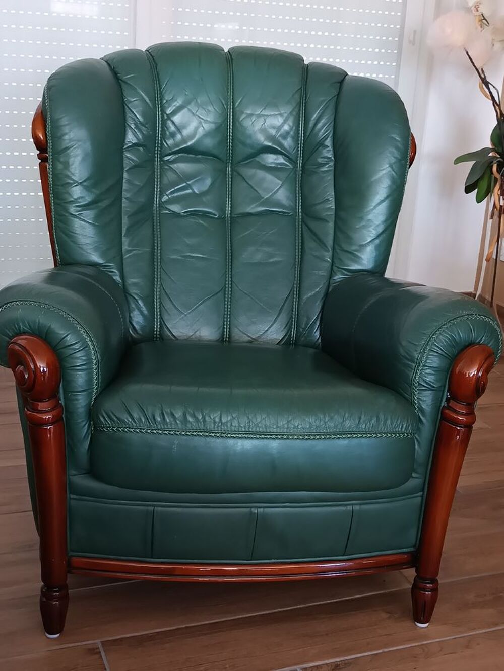 Salon cuir vert: canap&eacute; 3 places + 2 fauteuils Meubles