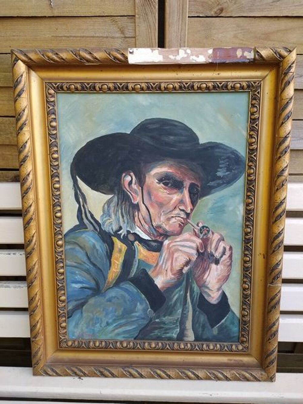 Ancien Tableau Portrait Homme Breton Fumant la Pipe Sign&eacute; Décoration