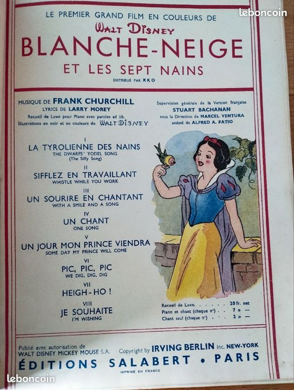 Ancienne partition illustree blanche neige walt disney Livres et BD