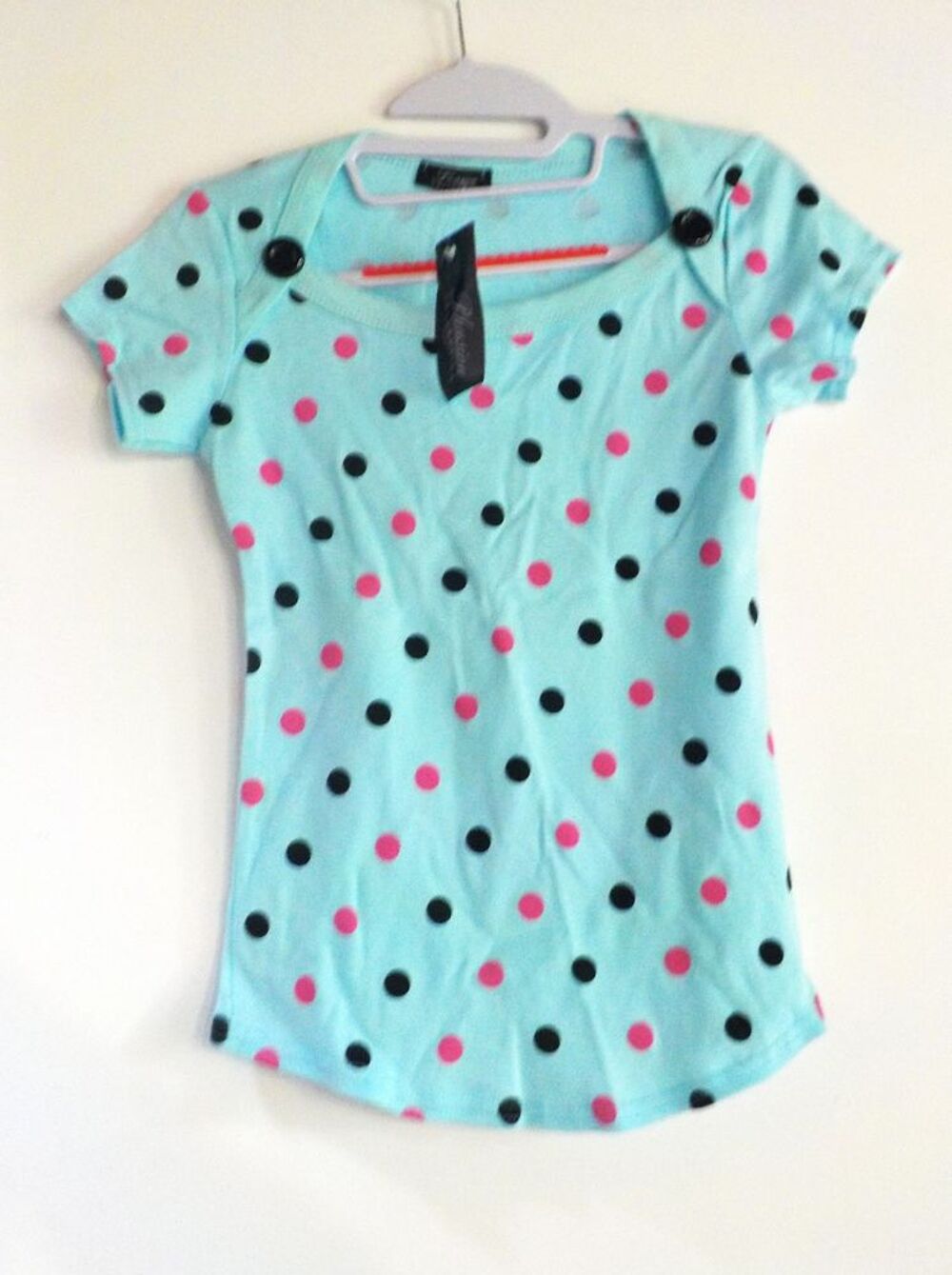 TSHIRT BLEU A POIS ROSES ET NOIRS Taille Unique neuf &eacute;tiquet Vêtements