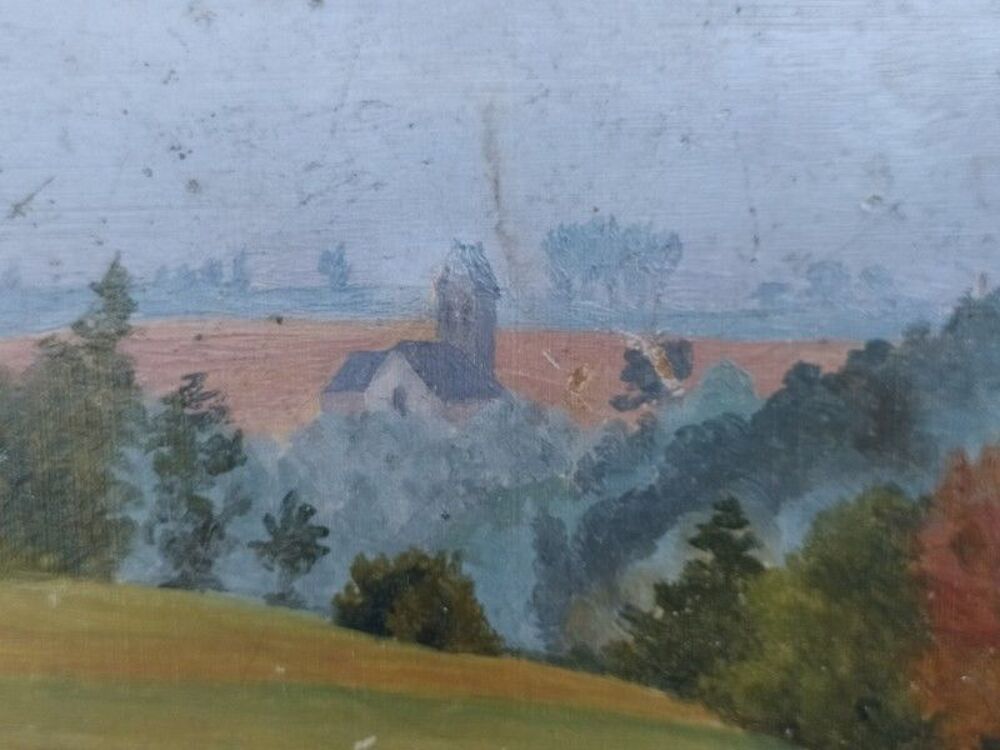 Petit Tableau Paysage de Campagne Vue sur Clocher 
