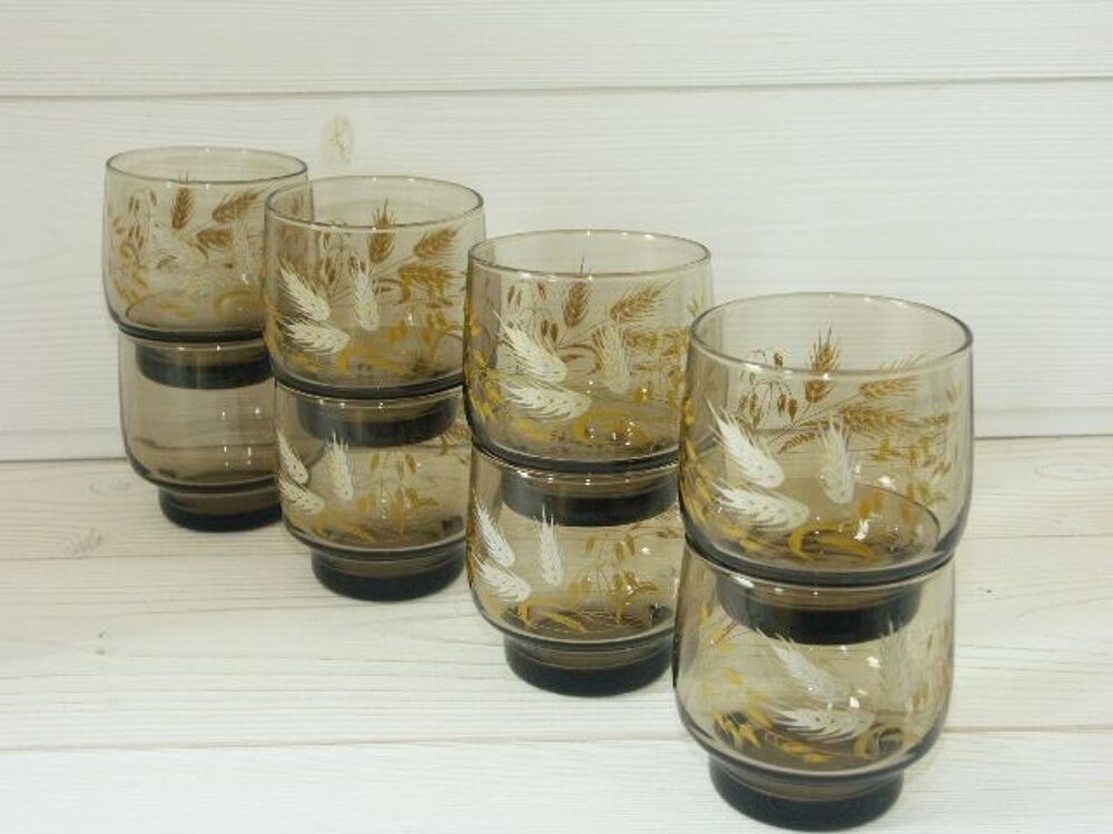 Lot 8 verres fum&eacute;s &eacute;pis de bl&eacute; Luminarc, Vintage 70 - NEUF Décoration